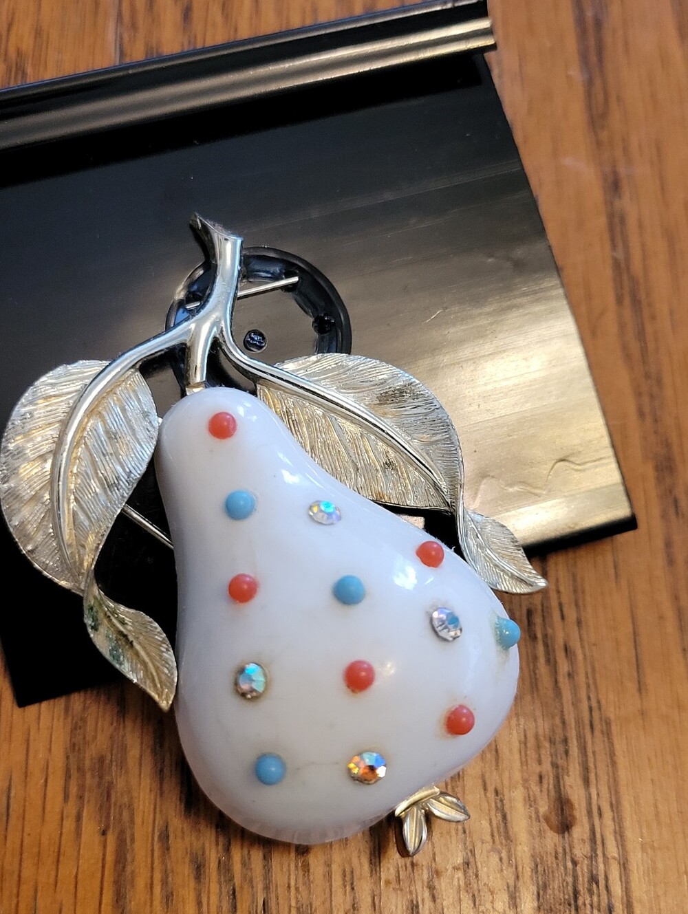VINTAGE White Enamel Pear Brooch with Coral & Aqua Dots